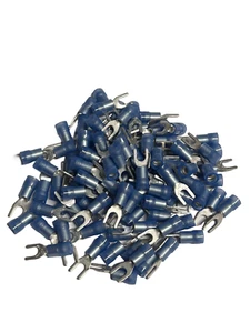 Terminales de crimpado de horquilla de pala 100 piezas 16-14 AWG #8 perno de nailon aislado azul - Imagen 1 de 1