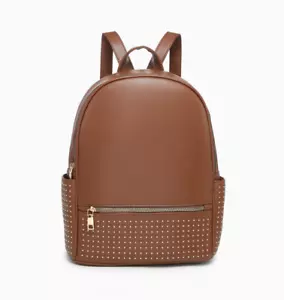 Women's Casual Studs Diamante Leather Look PU Front Zip Pocket Medium Backpack. - Picture 1 of 17
