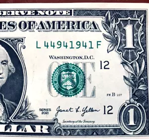 1941 Year Note Trinary Fancy Serial Number One Dollar Bill L44941941F - Picture 1 of 3