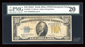 DBR 1934-A $10 North Africa Silver STAR Fr. 2309* PMG VF-20 Serial *01093366A - Picture 1 of 2