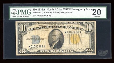 DBR 1934-A $10 North Africa Silver STAR Fr. 2309* PMG VF-20 Serial *01093366A - Image 1 of 2