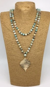 25" long knot 8mm Amazonite Stones w leaf pendant Necklace woman jewelry gift - Picture 1 of 11