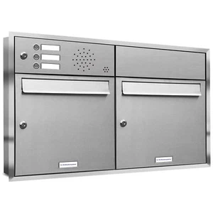 2er Premium Edelstahl Unterputz Briefkasten Anlage mit 3 Klingeln Postkasten 2x1 - Bild 1 von 3