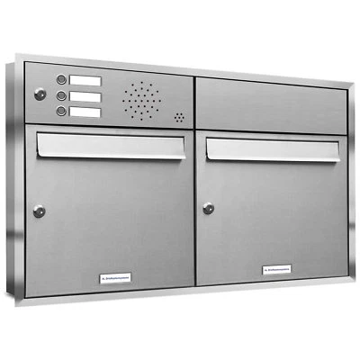 2er Premium Edelstahl Unterputz Briefkasten Anlage mit 3 Klingeln Postkasten 2x1 - Bild 1 von 3