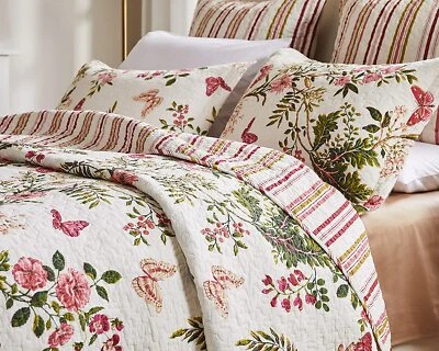 NEW ~ CHIC CLASSIC IVORY RED PINK PURPLE TROPICAL ROSE GREEN PALM LEAF QUILT SET Foto 1 de 2