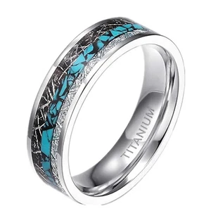 6/8MM Turquoise Imitated Meteorite Inlaid Titanium Ring Wedding Band Size 6-13 - Picture 1 of 7