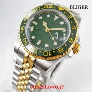 Green Mechanical Men Watch GMT Gold Coated Bezel Sapphire Glass Date Jubilee - Picture 1 of 5
