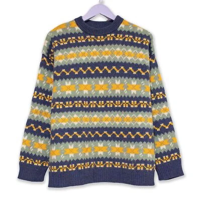 Maglione 88% lana Vintage blu e giallo a righe a fantasia a girocollo anni 80 90 - Immagine 1 di 4