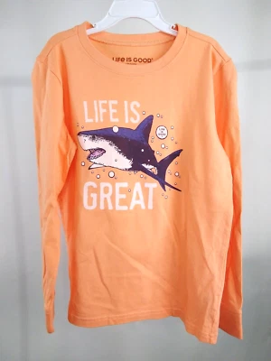Life is Good Kid Long Sleeve Crusher Tee Life Is Great Shark Orange Medium 09650 - Image 1 of 4