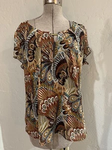 Dressbarn Brown Peacock Blouse Top Short Sleeve Golden Trim Womens Size XL - Picture 1 of 16