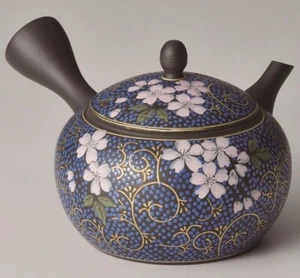 Tokoname Kutani yaki ware Japanese Teapot Blue Sakura Kyusu 220ml Y66 by Gyokko - Picture 1 of 9
