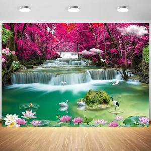 7x5ft Forest Waterfall Backdrop Red Tree Woodland Green Lotus Pond Natural Sc... - Picture 1 of 6