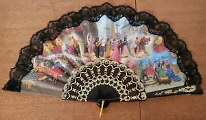 Vintage Retro Folding Fabric Hand Fan Bullfight Fiesta Scene - Picture 1 of 4