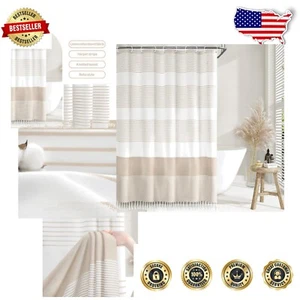 Trendy Boho Stripe Shower Curtain with Tassels - 72x96 - Easy Care Design - Picture 1 of 10