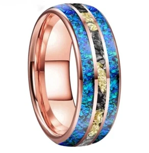 8MM Men Women Tungsten Carbide Ring Blue Opal Meteorite Gold Foil Inlay Ring - Picture 1 of 15