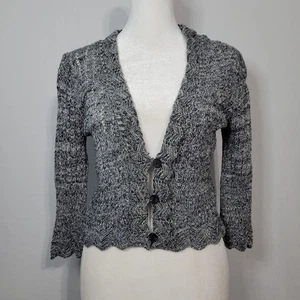 Cárdigan vintage tejido abierto manga 3/4 talla M gris Y2K, preppy, sirena de oficina, EE. UU. - Imagen 1 de 7