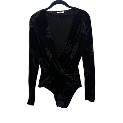 GANNI Black Velvet Sexy Dark Floral Plunge Long Sleeve Bodysuit Size 36 M US 6 - Image 1 of 4