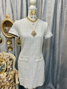Neues blau creme Tweed Kleid Größe S mit Schmuckset - Bild 1 von 11