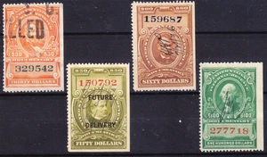 US collection: 4 old high denomination $30-$100 revenue stamps U/VF - Picture 1 of 1