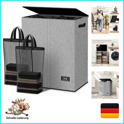 145L Wäschekorb, Wäschesammler 2 fächer mit Deckel und 2 Wäschesack - Wäsches... - Bild 1 von 4