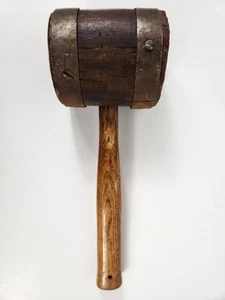 Large Wooden Mallet Vintage w/ Hand Forged Bands Very Cool - Picture 1 of 11
