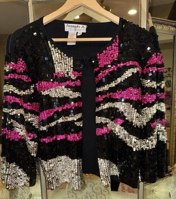 Joseph A. Silk Sequin Black Pink Silver Cardigan Stretch Sweater M Evening - Image 1 of 4