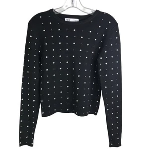 Zara Sweater Womens Size Large Black With Sliver Studs Crew Neck Slim Fit NWT - Picture 1 of 7
