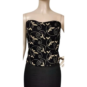 Vintage Schwarz Samt Metallic Gold Bestickt Trägerlos Bustier Cocktail Party - Bild 1 von 8