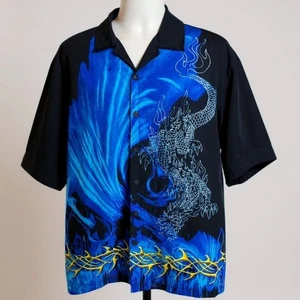 Vintage C-TWD Herren XL Flame Hemd Schwarz Blau Fire Button Down 90s Y2K Streetwear - Bild 1 von 8