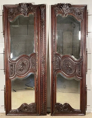 Pair 6 Foot 1700's French Normandy Antique Mirrored Panels/Doors in Oak Wood Cover