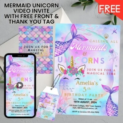 Brillo Neón Sirena Unicornio Cumpleaños 4 en 1 Video Invitación Frontal y Etiqueta de Gracias Foto 1 de 4