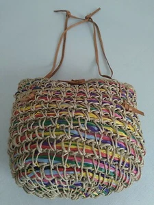 Vintage Jute Style 12 x 10.5" Leather Trim Pastel Shoulder Bag - Picture 1 of 9