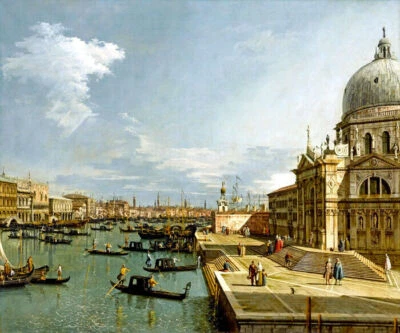 ENTRANCE GRAND CANAL SANTA MARIA DELLA SALUTE VENICE PAINTING BY CANALETTO REPRO - Image 1 of 3
