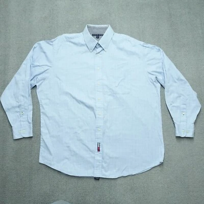 Tommy Hilfiger 纽扣衬衫男式 X 码 34-35 蓝色格子长袖 — 第 1/4 张图片