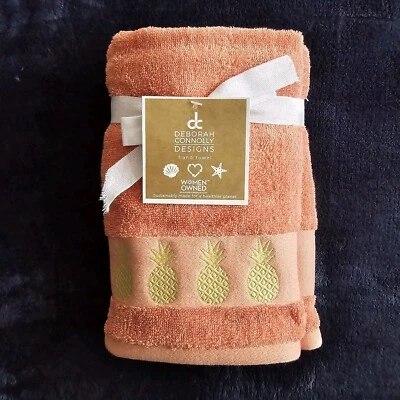 2 toallas de mano de baño Deborah Connolly bordadas piñas doradas sobre coral  Foto 1 de 3