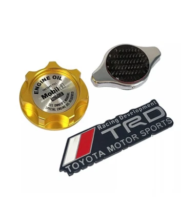 GOLD OIL CAP MOBILE 1 + RADIATOR CAP CARBON FIBER FOR TACOMA TUNDRA COROLLA RAV4 - Image 1 of 4