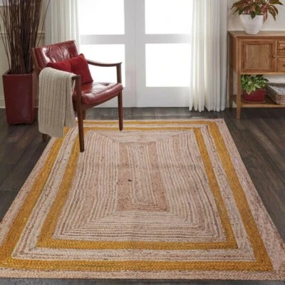 Jute Rug Carpet Hand Braided Rectangle Runners Area Rug Beige + Yellow Border - Image 1 of 4