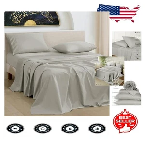 Breathable Sateen 4 Pc Egyptian Cotton Full Sheet Set with Deep Pocket - Grey - Picture 1 of 11