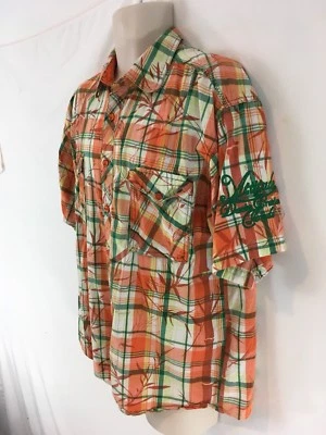 Attitude Mens M Orange Plaid Tiger Button Front Indian Cotton Short Sleeve Shirt - Image 1 of 4