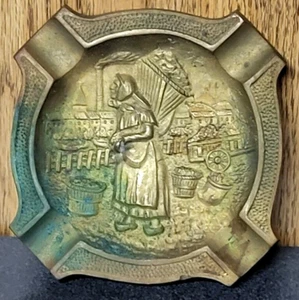 France 1945 Depose WWII Era Collectible Ashtray Brass Woman With Basket ~ Patina - Picture 1 of 7