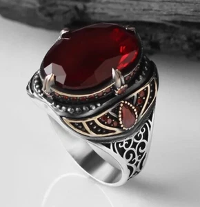 925 Sterling Silver Men's Ring Turkish Handmade Natural Stone Red Zircon Stone - Picture 1 of 4