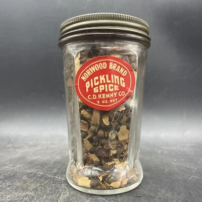 Rare C.D. KENNY NORWOOD BRAND PICKLING SPICE GLASS JAR NOS! ART DECO JAR - Image 1 of 4