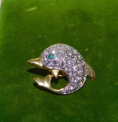 Винтажный Ландау дельфин лацкан булавка сверкающие стразы золотой тон брошь 1e 96 - Изображение 1 из 4