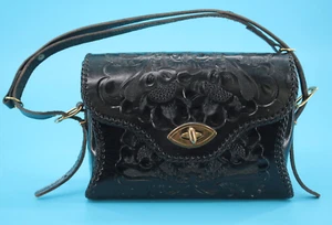 VTG Women's 50s 60s Black Floral Tooled Leather Hand Bag / Purse 1950s Western - Picture 1 of 12