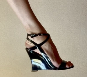 La Fenice Venezia patent leather Elegant Black ankle strap Wedge Sandals 6.5 - Picture 1 of 11