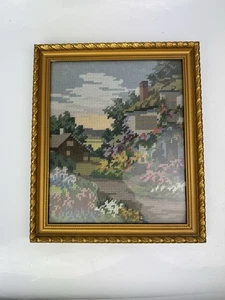 Vintage Tapestry Picture Needlepoint Country House With Flowers Framed 31 X 26cm - Picture 1 of 4