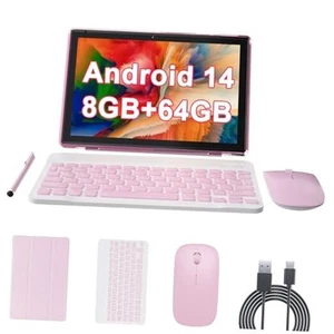 10 inch Android 14 Tablet with Keyboard, 2 in 1 Tablets Set 8GB+64GB Pink - Picture 1 of 8