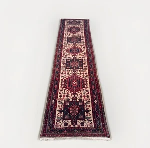 Vintage Kurdish Hamadan Runner Rug 11x3 ft Hand-Knotted 100% Wool Geometric - Picture 1 of 15