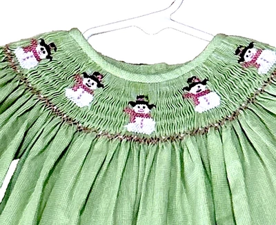 Amanda Remembered Size 4 Green Microcheck Smocked Snowman Dress Long Sleeve - Image 1 of 4