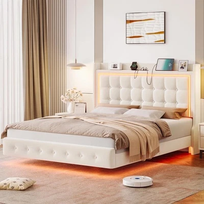 LED Queen Size Floating Upholstered Platform Bed USB Port Open Storage Headboard - Image 1 of 4